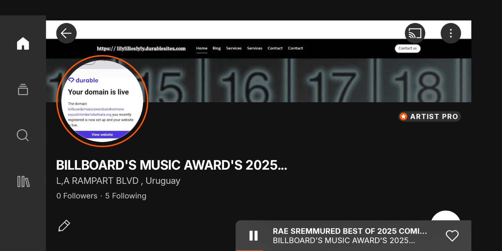 Website interface displaying Billboard's Music Award's 2025 event details with a live domain notification.